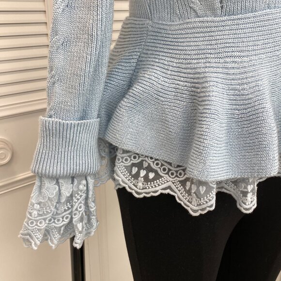 Endless Rose Pale Blue Sweater Sz M with peplum and lace - Picture 6 of 12